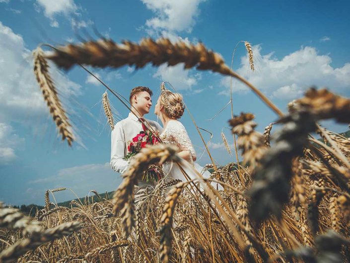Свадебная фотосессия в поле пшеницы